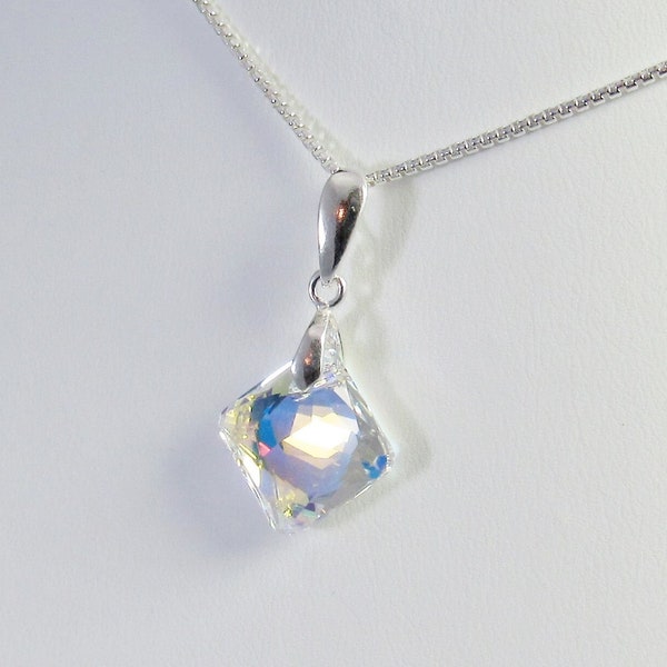 Princess Cut Aurora Borealis Crystal Pendant Sterling Silver, Iridescent AB Crystal Necklace, Wedding Jewelry, Diamond Shape Faceted Drop