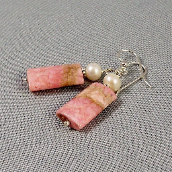 Pearl & Rhodochrosite Stone Earrings with Sterling Silver, White Freshwater Pearl and Pink Gemstone Dangle Earrings, Rectangle Bead Drop