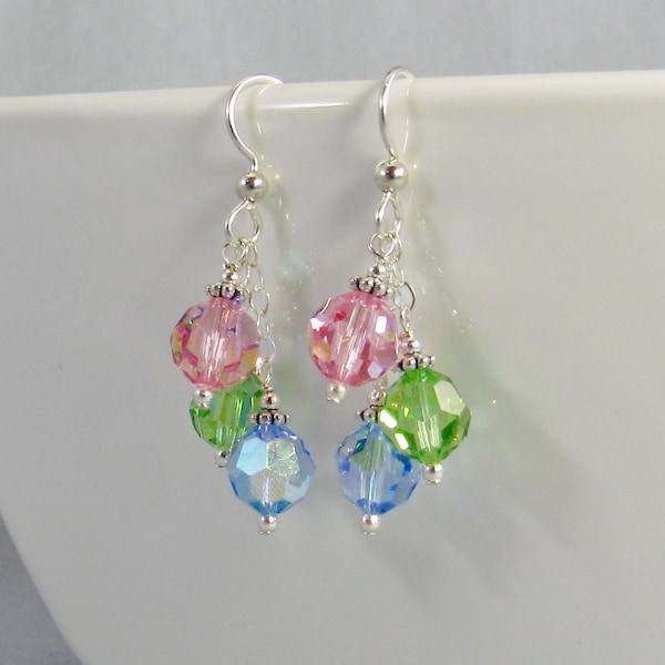 Multi Color Crystal Cluster Earrings Sterling Silver, Pastel Crystal Jewelry, Light Pink Blue Purple Aurora Borealis Spring Summer Dangles