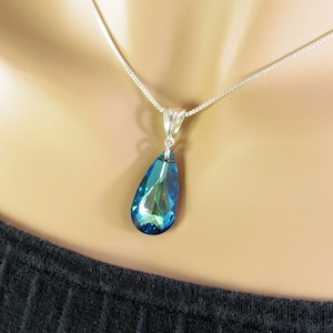 Bermuda Blue Crystal Teardrop Necklace Pendant with Sterling Silver Bail, Ocean Blue Green Crystal Jewelry Lead Crystal from Austria Pendant