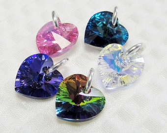 10mm Small Crystal Heart Charm, Quality Crystal from Austria Necklace Pendant, Add On Dangle Pink Purple Blue Green Aurora Borealis