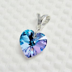 Aqua Lavender Crystal Heart Pendant Sterling Silver Bail, Purple Blue Vitrail Light 14mm Heart Necklace, Special Young Lady Gift