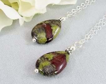 Dragon Blood Jasper Pendant Necklace, Teardrop Pendant on Sterling Silver, Natural Stone Jewelry, Dark Green Red Gemstone, Minimal Layering
