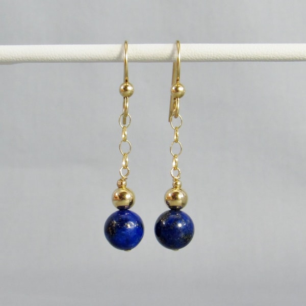 Lapis Lazuli & 14K Gold Filled Dangle Earrings, Bright Blue Stone Beads on Chain, Women's Blue Lapis Jewelry Lightweight Long Everyday Drops