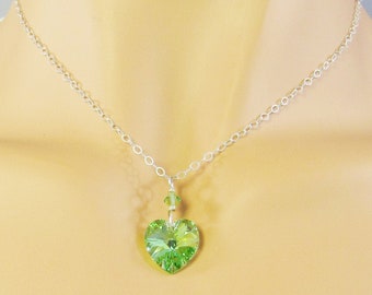 Peridot Green Crystal Heart Necklace on Sterling Silver Chain, August Birthday Crystal Pendant, 14 mm Peridot AB Sparkling Jewelry
