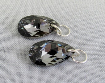 Gray Crystal Teardrop Add on Charms, Interchangeable Dangles for Earrings & Bracelets, Charcoal Gray Silver Night Pear 16mm Drops