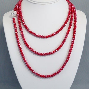 Long Red Crystal Bead Necklace, Double or Triple Wrap Small Bead Necklace, Magnetic Clasp Jewelry