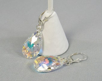 Brilliant Crystal Teardrop Earrings on Sterling Silver or Gold Fill, Aurora Borealis Pear Pendant Prism Jewelry Faceted Drop Crystal Dangles