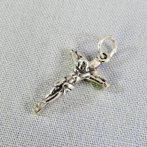 Small Sterling Silver Crucifix Charm, Little Silver Cross with Jesus Add On Charm, Rosary Bracelet Dangle, Minimalist Religious Pendant Gift