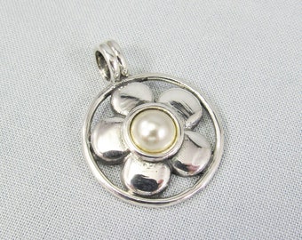 Sterling Silver Flower Pendant with White Pearl, Large Circle Disc with Floral Design Necklace on Sterling Chain or Leather Cord Unique Gift