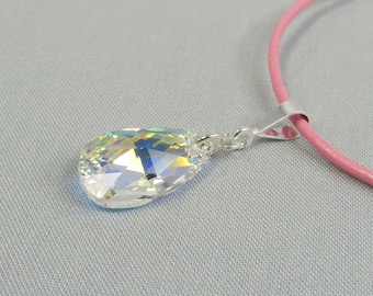 Crystal Teardrop Aurora Borealis Necklace Pendant with Sterling Silver Bail, Crystal AB Prism Bridal Jewelry, 22mm Pear Pendant