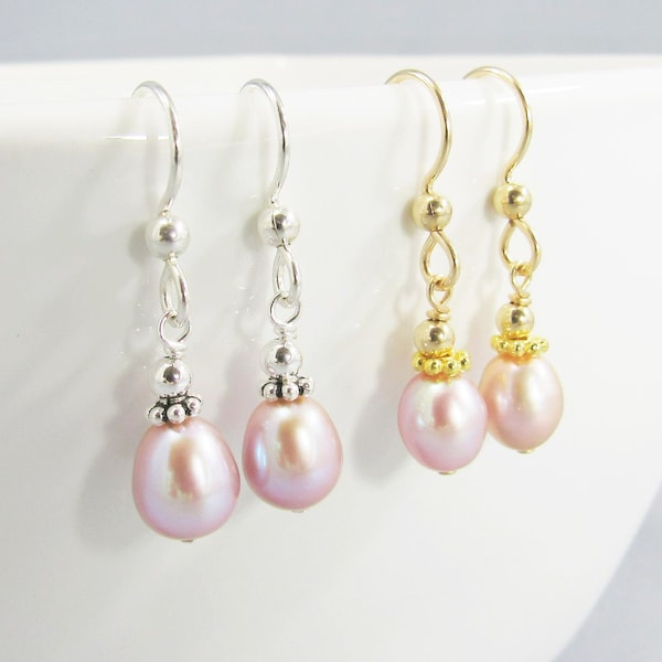 Small Pink Freshwater Pearl Drop Earrings 925 Sterling Silver, Petite Rice Pearl Bead Jewelry Gift, Short Light Pink 14K Gold Fill Leverback