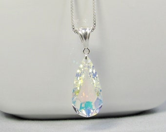 AB Crystal Pendant Necklace Sterling Silver, Aurora Borealis Crystal Teardrop Necklace, Rainbow Prism Wedding Jewelry, April Birthstone Gift