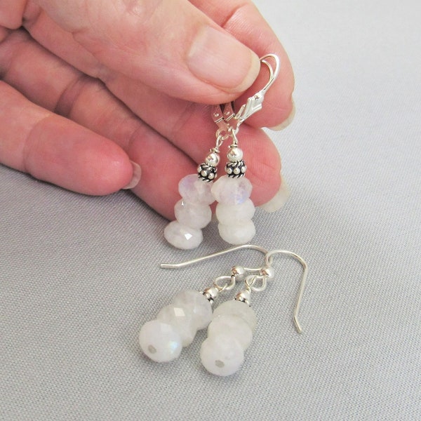 Rainbow Moonstone Bead Earrings with Sterling Silver, Short White Bead Stack Dangle Earrings, Blue Flash Gemstone Jewelry, Simple Drops