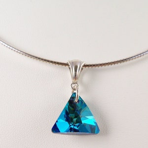 Bermuda Blue Crystal Triangle Prism Pendant - Sterling Silver Bail,  Bright 16 mm Ocean Blue Crystal Jewelry Peacock Teal Sparkling Necklace