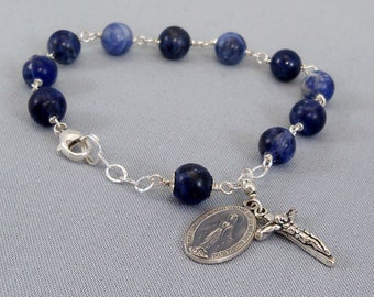 Gemstone Rosary Bracelet for Women, Sterling Silver Hand Wrapped Prayer Bead Jewelry, Blue Sodalite Wrist Rosary with Miraculous Medal