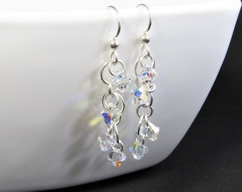 AB Crystal & Sterling Silver Hoops Cascade Earrings, Handmade Aurora Borealis Waterfall Dangle Wedding Jewelry, Women's Everyday Crystal