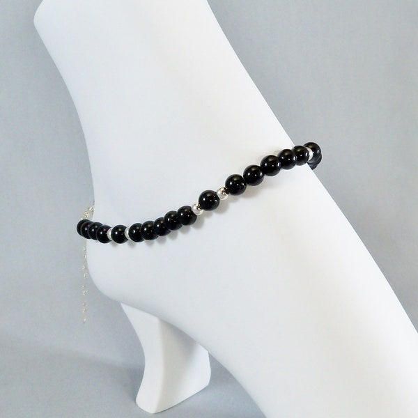 Black Onyx and Sterling Silver Anklet with Adjustable Chain, Small Black Gemstone Bead Foot Jewelry, Summer Casual to Dressy Woman's Fashion