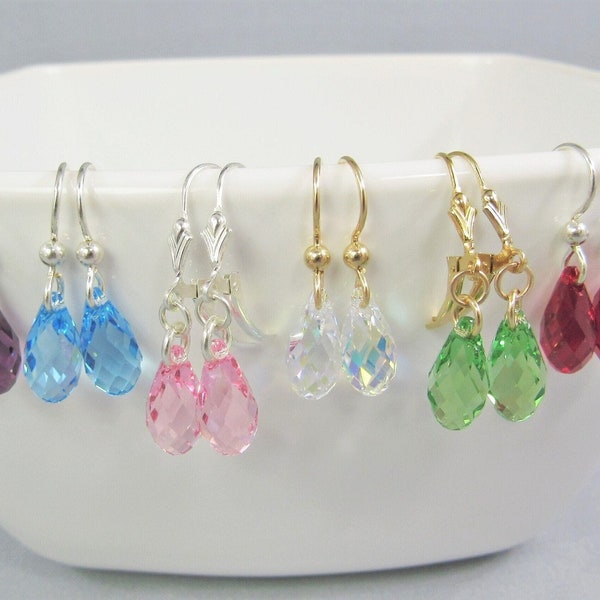 Small Crystal Teardrop Earrings, Sterling Silver or 14K Gold Fill, Aurora Borealis Purple Aquamarine Peridot Red Pink, Dainty Briolette Drop