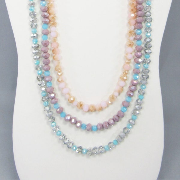 Spring Color Crystal Bead Necklace with Magnetic Clasp, Faceted Glass Jewelry, Lavender Purple, Aqua Blue Turquoise & Silver 24 to 36 Inches