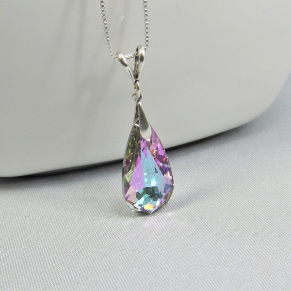 Aqua Blue & Purple Teardrop Crystal Pendant with Sterling Silver Bail, Vitrail Light Austrian Crystal Necklace Casual to Dressy Jewelry Gift