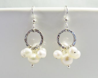 Artisan Pearl Cluster Dangle Earrings, White Freshwater Pearl Jewelry, Antiqued Sterling Silver Hammered Circle, June Birthstone Gift
