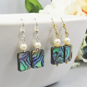 Paua Shell Earrings with White Freshwater Pearl on Sterling Silver or 14K Gold Fill, Abalone Sea Shell Rectangle Dangles, Beach Jewelry Gift