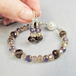 Gold Topaz & Tanzanite Purple Crystal Bracelet and Earrings, Jewel Tone Stacking Bracelet, Short Dangle on Sterling Silver, Magnetic Clasp