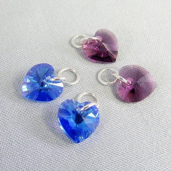 Two Small Crystal Heart Dangles for Earrings, Premium Crystal Heart Interchangeable Jewelry, One Pair Sapphire Blue AB or Amethyst