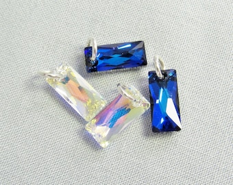 Small Rectangle Crystal Charm for Necklace or Bracelet, Bermuda Blue or Aurora Borealis Crystal Bar, Add On Dangle 13.5 mm Queen Baguette