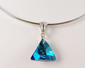 Bermuda Blue Crystal Triangle Prism Pendant - Sterling Silver Bail,  Bright 16 mm Ocean Blue Crystal Jewelry Peacock Teal Sparkling Necklace