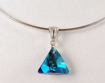 Bermuda Blue Crystal Triangle Prism Pendant - Sterling