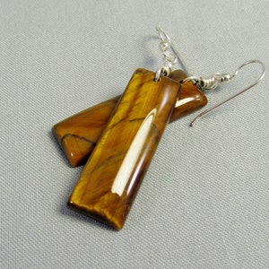 Brown Tiger Eye Long Dangle Earrings Sterling Silver, Rectangle Slab Real Stone Jewelry, Golden Brown Column Earrings, Chatoyant Statement