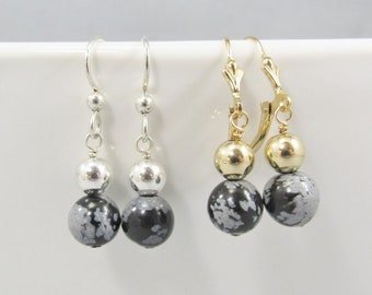 Snowflake Obsidian Bead Dangle Earrings, 14K Gold Fill or Sterling Silver, Black and Grey Gemstone Jewelry Cristobalite Volcanic Glass Stone