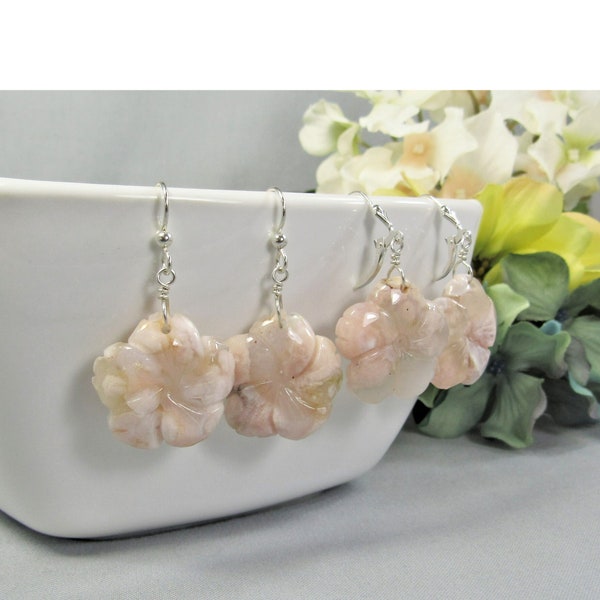 Cherry Blossom Agate Carved Flower Earrings on Sterling Silver, Light Pink Gemstone Dangles, Hand Carved Stone Unique Floral Gift for Women