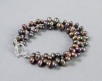 Double Strand Gray Pearl Bracelet with Sterling Silver Toggle Clasp, Iridescent Peacock Grey Freshwater Pearl Bead Jewelry, Dancing Pearl