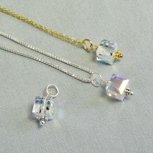 Aurora Borealis Cube Simple Crystal Necklace Pendant, Minimalist Crystal Jewelry, Sterling Silver or Gold Filled Earring Charm for Hoops