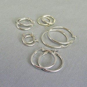 1 Pair Sterling Silver Hoop Earrings, Simple Modern Jewelry, 925 Silver Snap Posts 2mm Hoops Small to Large Diameter, 15mm to 35mm