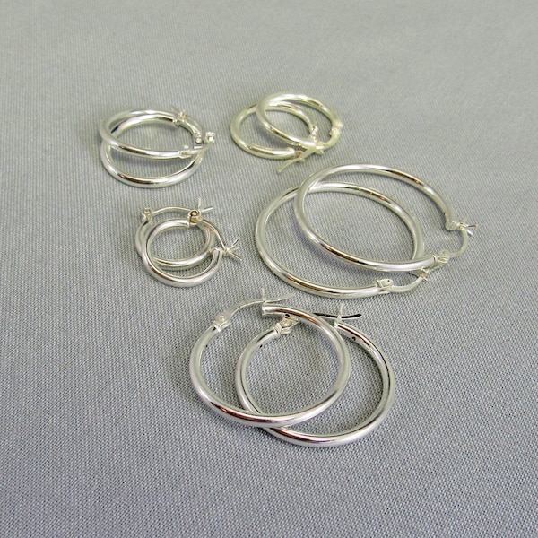 1 Pair Sterling Silver Hoop Earrings, Simple Modern Jewelry, 925 Silver Snap Posts 2mm Hoops Small to Large Diameter, 15mm to 35mm