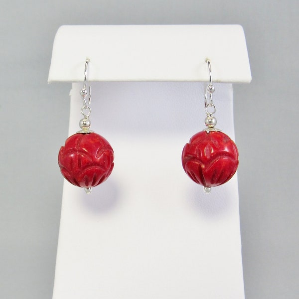 Red Coral Bead Earrings Sterling Silver - Carved Lotus Flower, Floral Gemstone Jewelry, Bright Cherry Red Dangle Earrings, Anniversary Gift