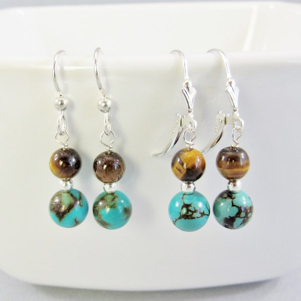 Turquoise and Tiger Eye Earrings Sterling Silver, Short Dangle Blue Green Stone, Brown Tiger's Eye Jewelry, Just Because Gift Everyday Style