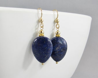 Gold Lapis Lazuli Earrings, Blue Stone Drop Earrings, Gemstone Bead Jewelry, 14K Gold Filled Deep Blue Semiprecious Everyday Elegant Style