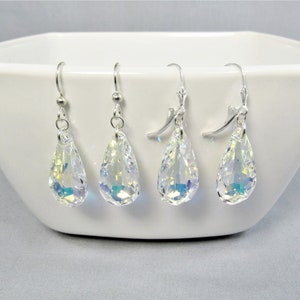 Crystal Teardrop Iridescent Earrings, Sterling Silver Aurora Borealis Crystal Earrings, Long Drop Rainbow Prism Jewelry Crystal from Austria