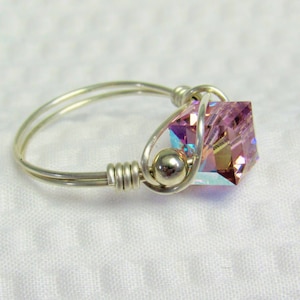 Light Purple Crystal Cube Ring Argentium Sterling Silver, Wire Wrapped Ring Lavender Square Crystal, Light Amethyst AB Unique Jewelry Gift