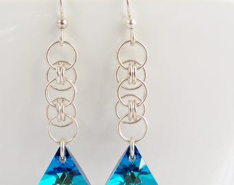 Bermuda Blue Crystal Triangle Earrings on Sterling Silver Chain Maille, Long Blue Dangle Crystal Jewelry Ocean Blue Green Prism Elegant Gift