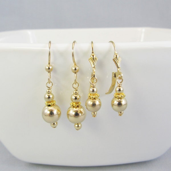 Small Gold Bead Dangle Earrings, 14K Gold Filled Ball Drop Earrings, Simple Dainty Everyday Jewelry, Daily Minimalist Jewelry