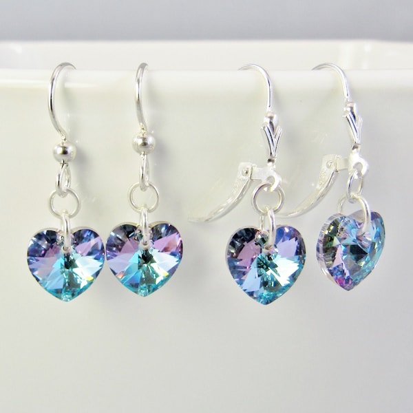 Lavender & Aqua Small Crystal Heart Earrings 925 Sterling Silver, Young Girl Gift Jewelry Lead Crystal from Austria 10mm Heart Vitrail Light