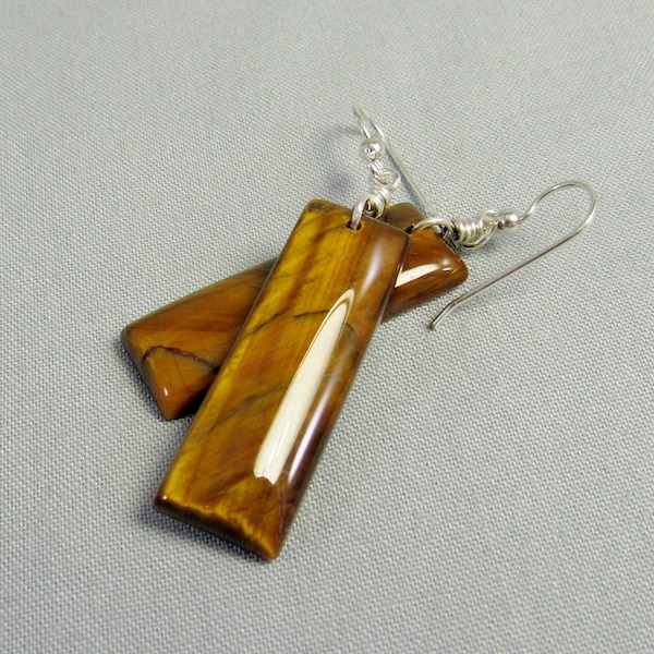 Brown Tiger Eye Long Dangle Earrings Sterling Silver, Rectangle Slab Real Stone Jewelry, Golden Brown Column Earrings, Chatoyant Statement