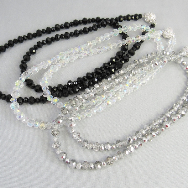 30 Inch Crystal Bead Necklace with Magnetic Clasp, Jet Black, Iridescent AB, Silver Crystal Jewelry, Disability Friendly Long Necklace