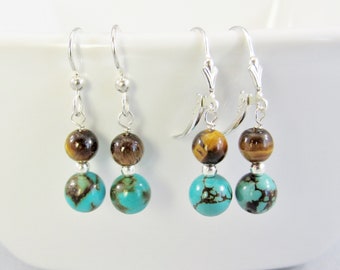 Turquoise and Tiger Eye Earrings Sterling Silver, Short Dangle Blue Green Stone, Brown Tiger's Eye Jewelry, Just Because Gift Everyday Style